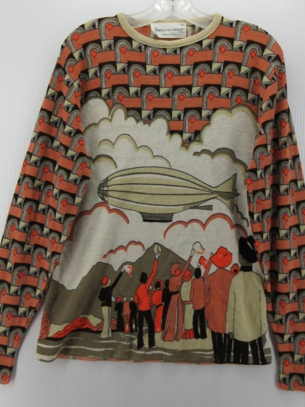 VINTAGE Interwoven Sweater Medium 70s Art Deco Zeppelin Blimp AOP